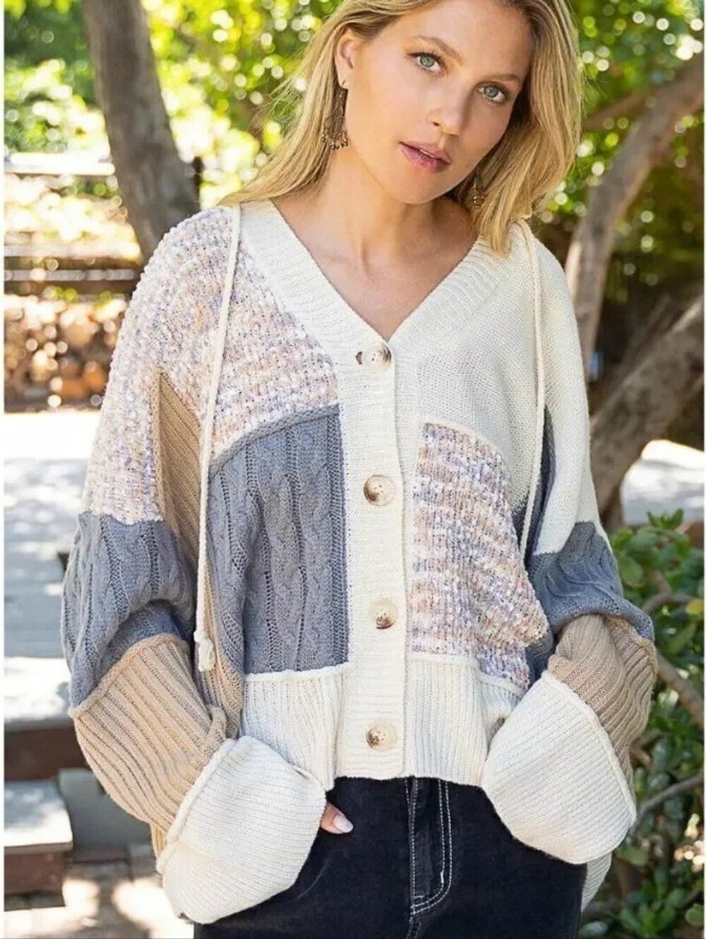 POL Clothing Color Block Sweater Cardigan Ivory Grey Multi Fall Winter YST598